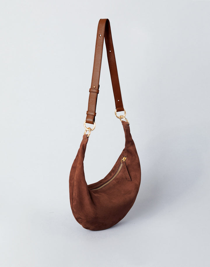 HYER GOODS convertible suede crossbody hobo  crescent bag Piccola ring bag #color_praline-suede