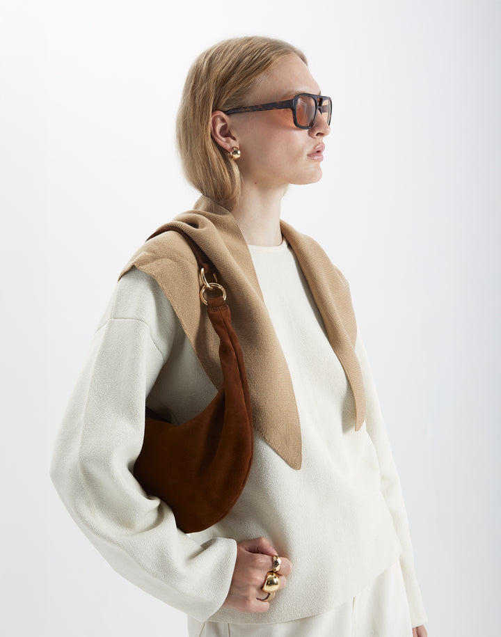 HYER GOODS convertible suede crossbody hobo  crescent bag Piccola ring bag #color_praline-suede