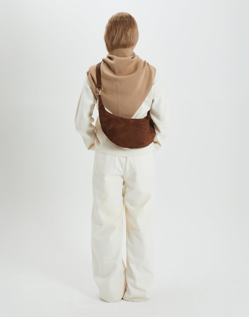 HYER GOODS convertible suede crossbody hobo  crescent bag Piccola ring bag #color_praline-suede