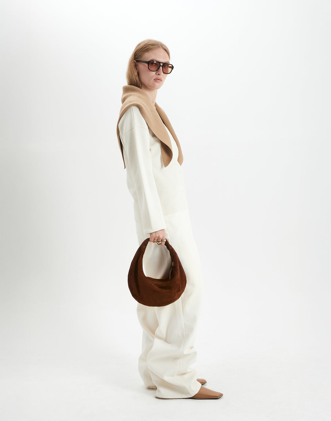 HYER GOODS convertible suede crossbody hobo  crescent bag Piccola ring bag #color_praline-suede