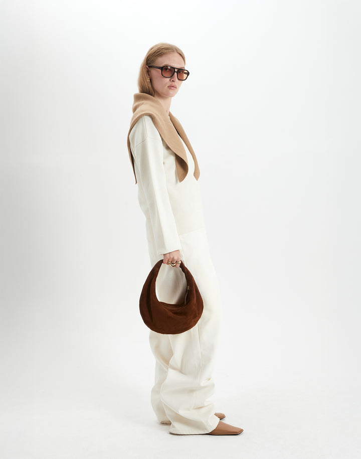 HYER GOODS convertible suede crossbody hobo  crescent bag Piccola ring bag #color_praline-suede