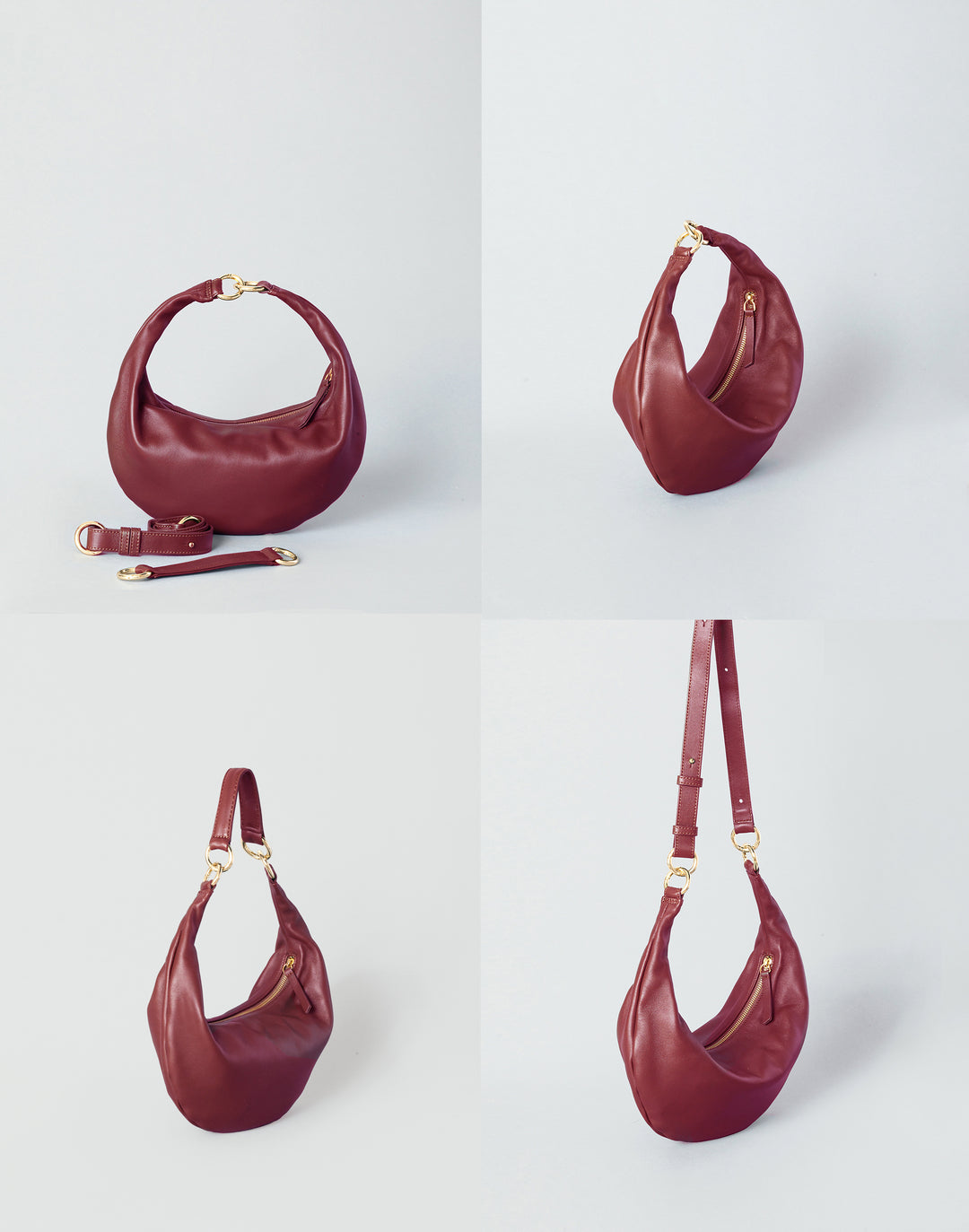 HYER GOODS convertible crossbody hobo  crescent bag Piccola ring bag #color_dark-cherry-red