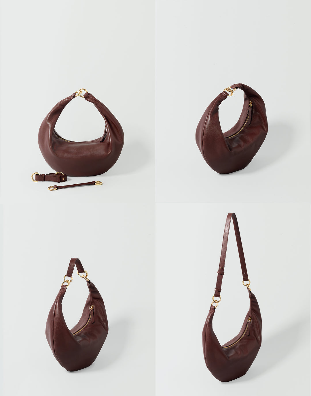 4 images of a burgundy bag against a grey background, showing 4 ways to wear- a crescent shaped handheld bag with 2 extra straps as a handheld bag, shoulder bag and crossbody bag #color_bordeaux-vintage