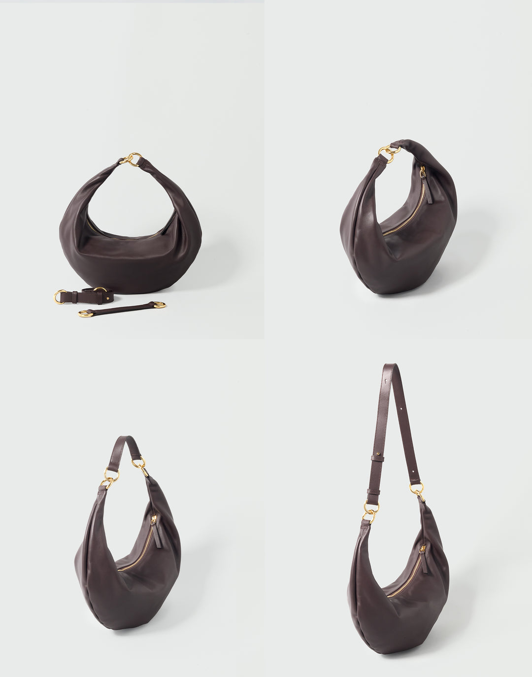 4 ways to wear a crescent shaped brown leather bag- as a handheld bag, a shoulder bag and a crossbody bag, using the 2 straps provided #color_chocolate