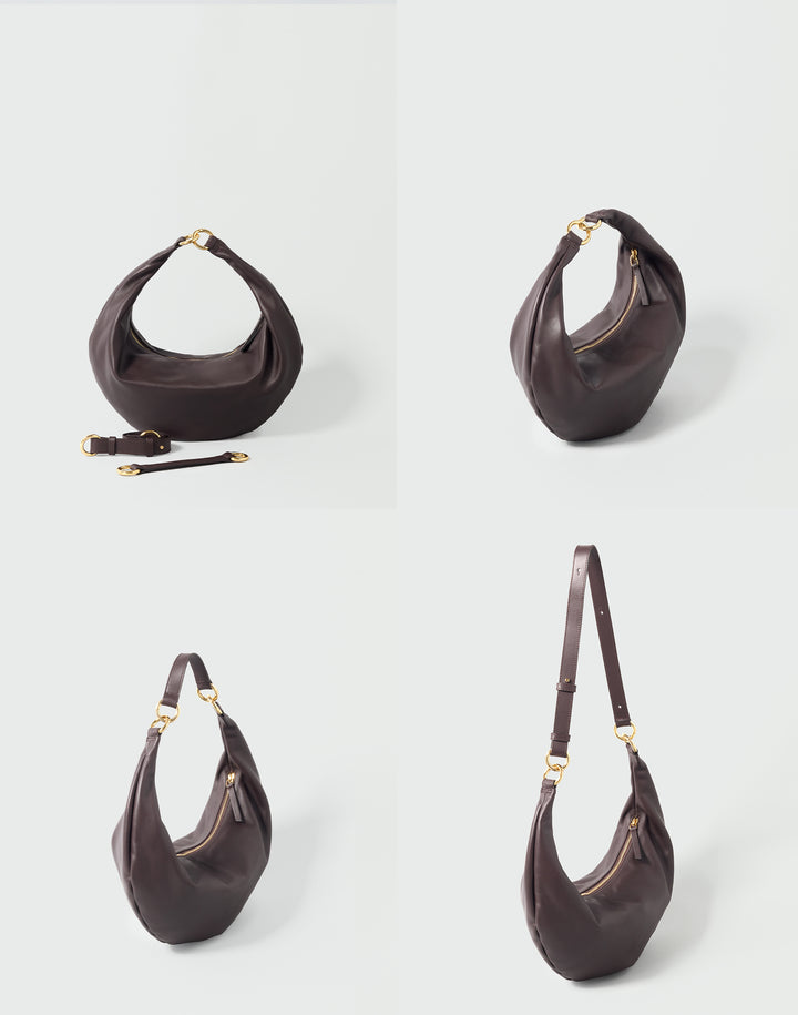 4 ways to wear a crescent shaped brown leather bag- as a handheld bag, a shoulder bag and a crossbody bag, using the 2 straps provided #color_chocolate