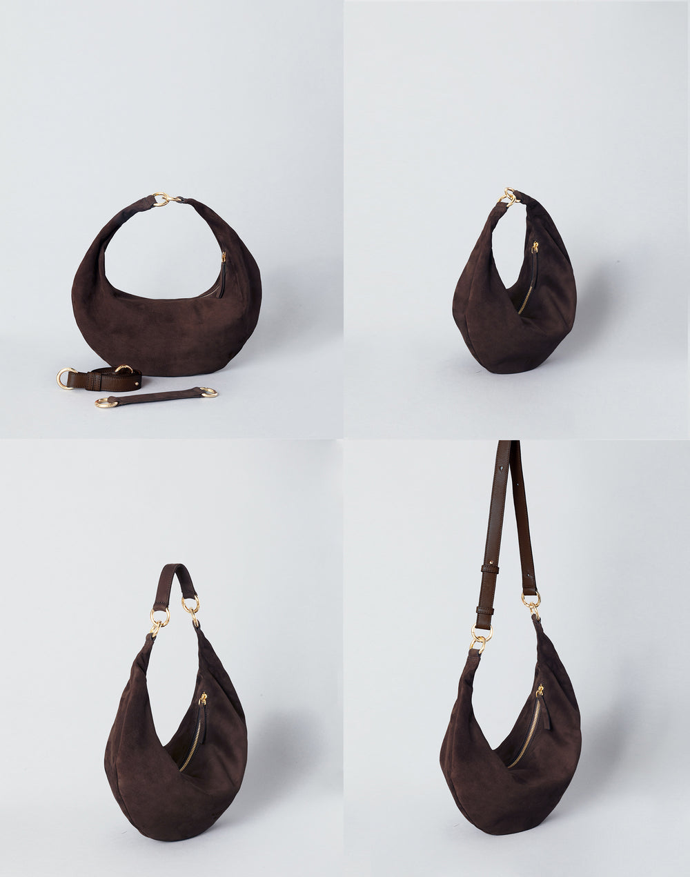 hyer goods ring bag convertible leather crescent bag in a dark brown suede 4 ways- first as a handheld bag with extra straps, then without, then as a shoulder bag, and a crossbody bag, all against a grey background #color_chocolate-suede