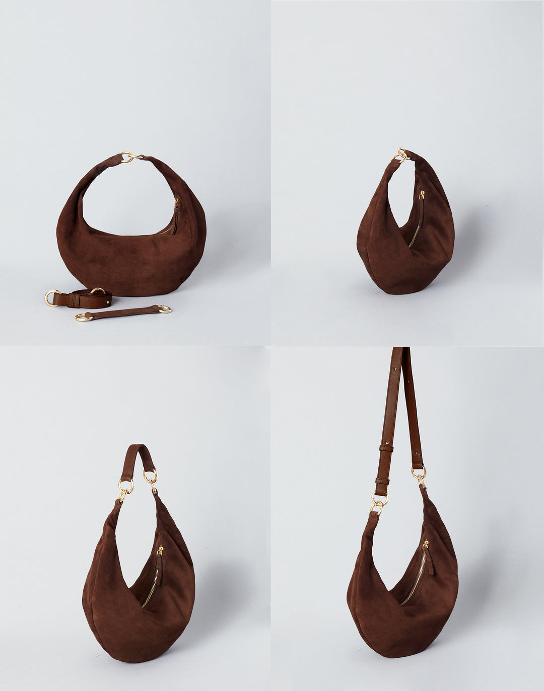 hyer goods ring bag convertible leather crescent bag in a dark brown suede 4 ways- first as a handheld bag with extra straps, then without, then as a shoulder bag, and a crossbody bag, all against a grey background #color_chocolate-suede