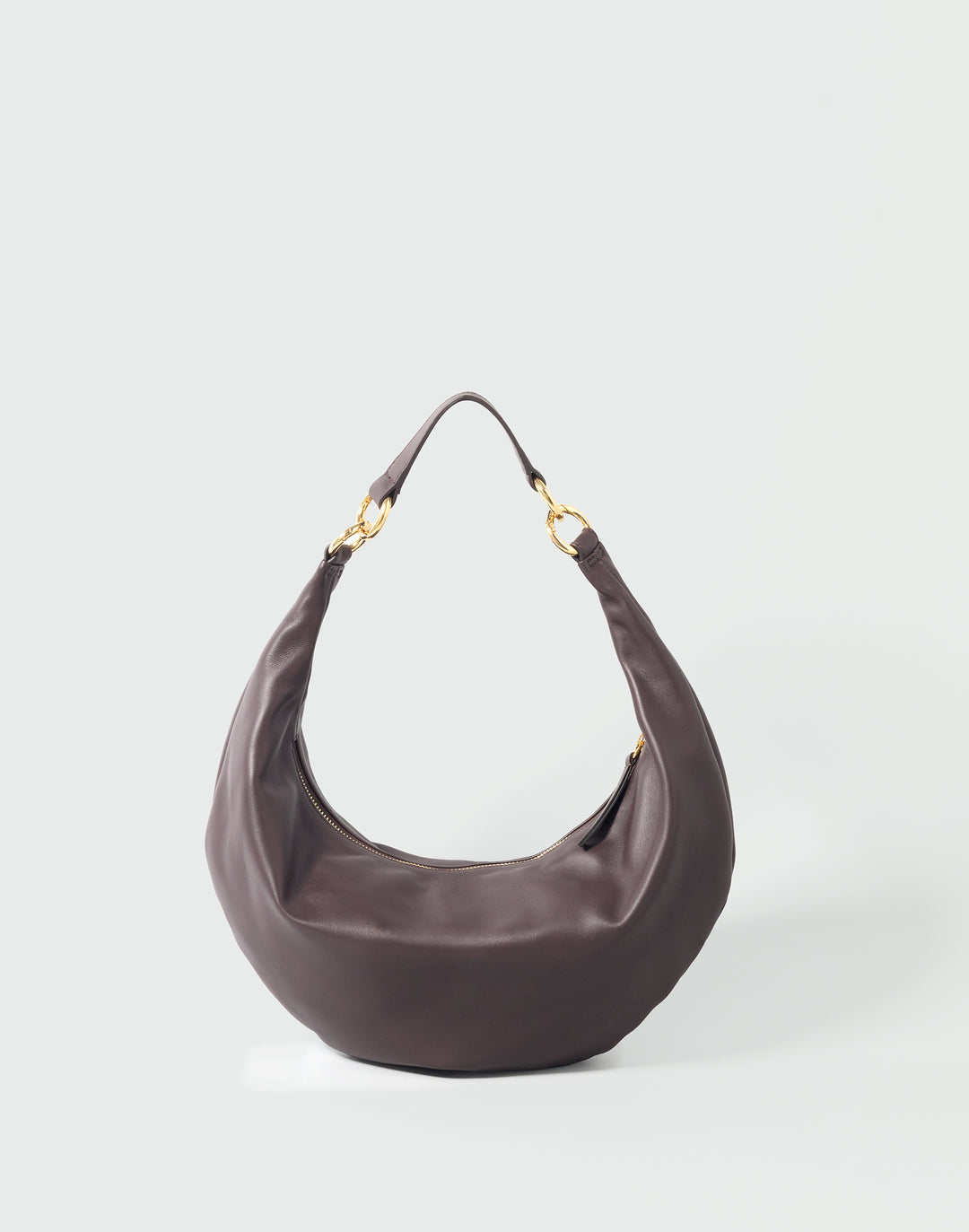 a dark brown leather crescent-shaped shoulder bag with gold hardware #color_chocolate