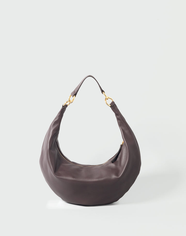 a dark brown leather crescent-shaped shoulder bag with gold hardware #color_chocolate