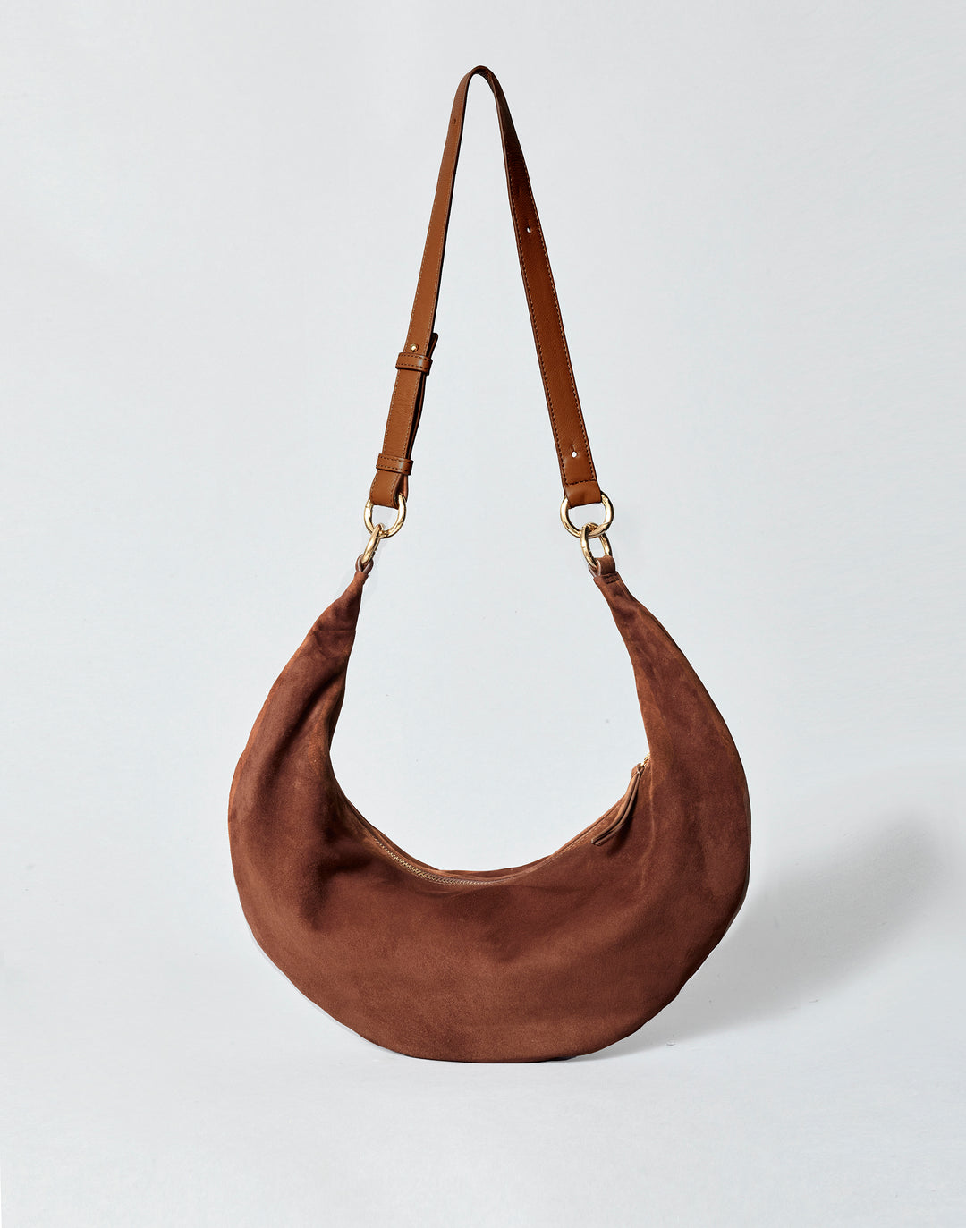HYER GOODS convertible suede crossbody hobo  crescent bag Piccola ring bag #color_praline-suede