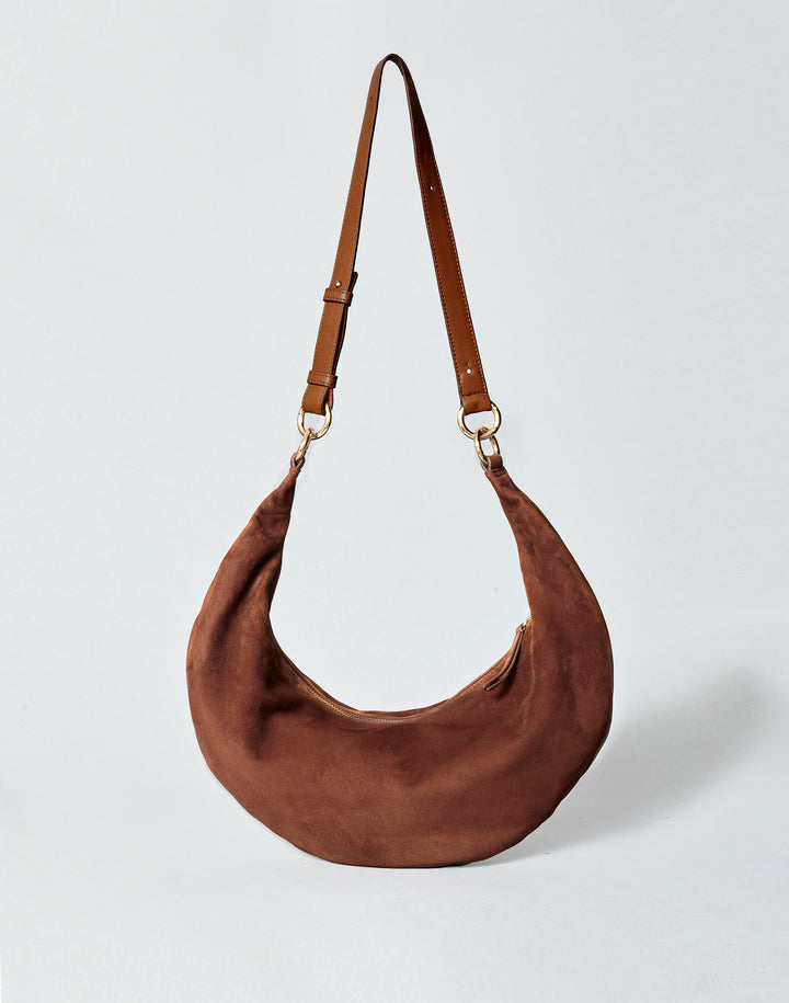 HYER GOODS convertible suede crossbody hobo  crescent bag Piccola ring bag #color_praline-suede