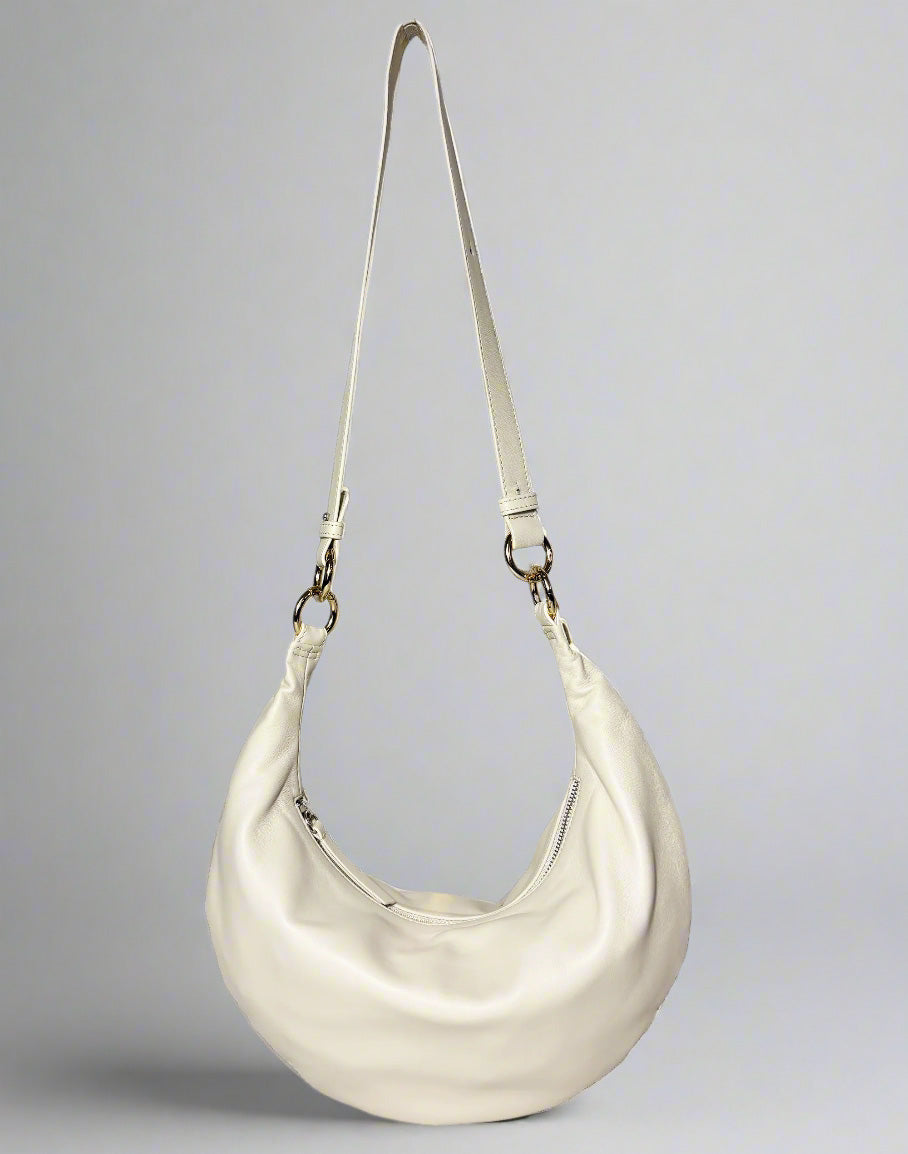 HYER GOODS convertible crossbody hobo  crescent bag Piccola ring bag #color_off-white