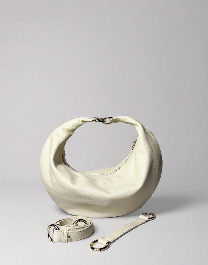 HYER GOODS convertible crossbody hobo  crescent bag Piccola ring bag #color_off-white
