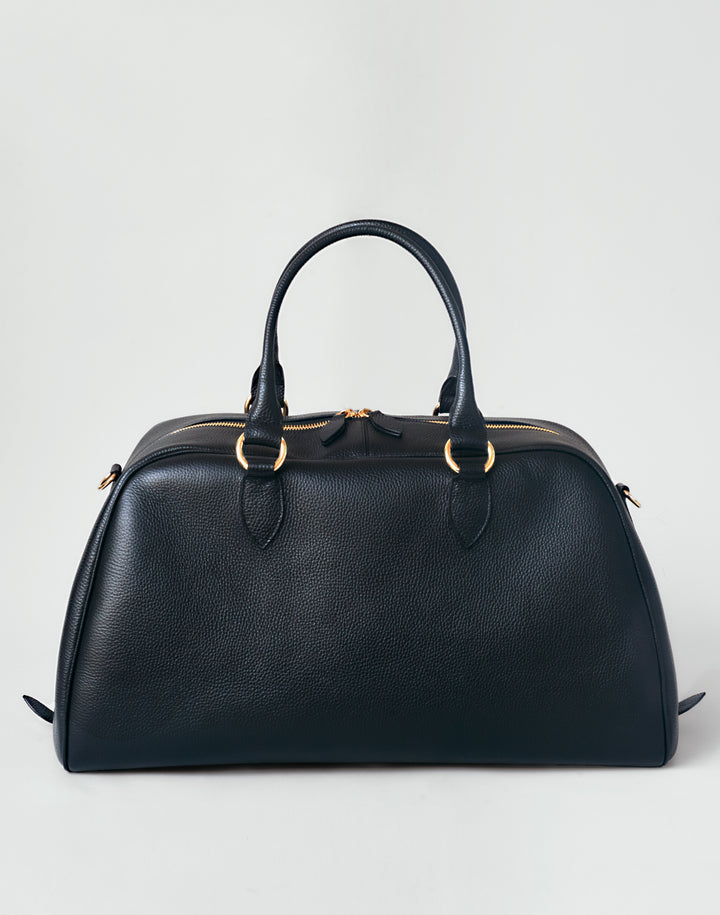 HYER GOODS black leather la via weekender duffel bag front view #color_black-gold
