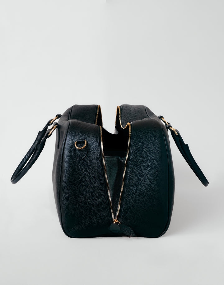 HYER GOODS black leather la via weekender duffel bag side view #color_black-gold
