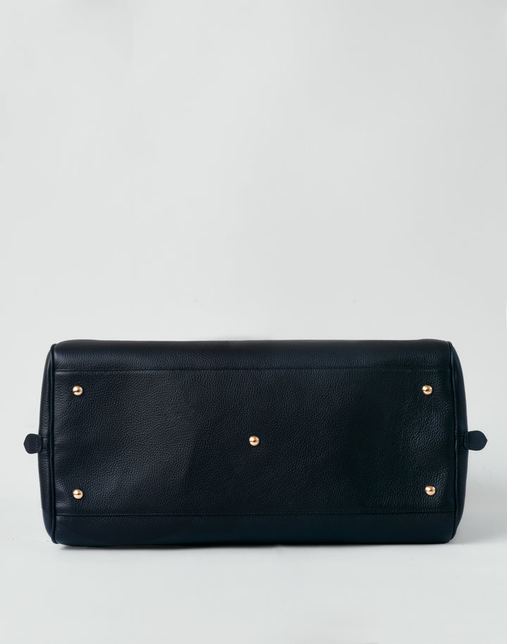 HYER GOODS black leather la via weekender duffel bag bottom view #color_black-gold