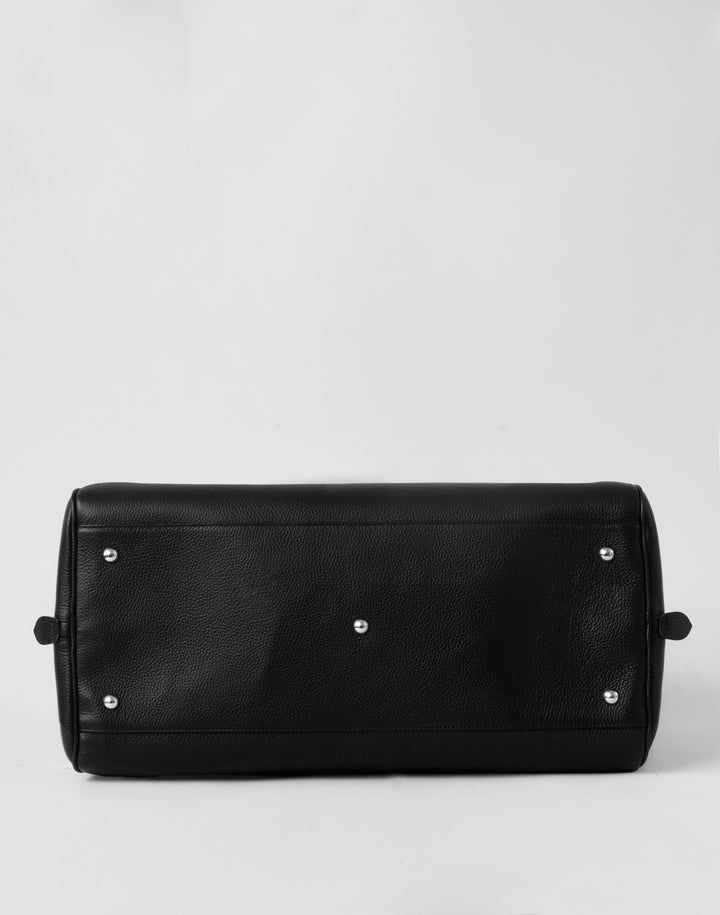 HYER GOODS black leather la via weekender duffel bag  bottom view #color_black-silver