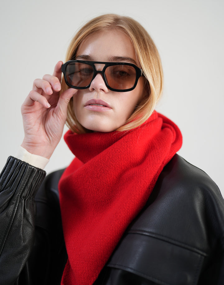 HYER GOODS red wool cashmere triangle bandana scarf knit from Italian luxury yarn tied around the neck #color_red
