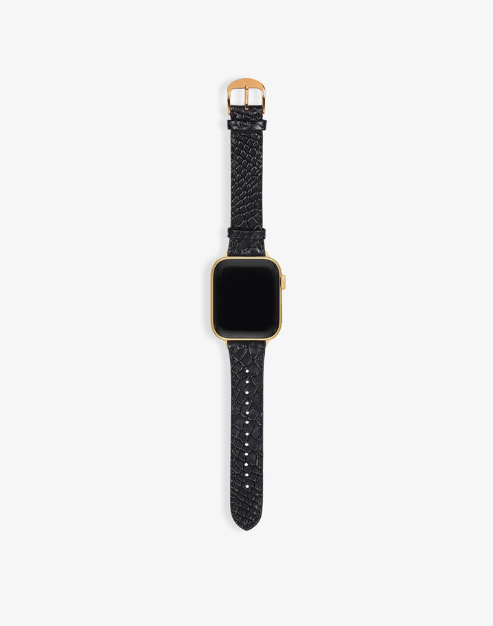 Leather Apple Watch Band with more notches shown with Apple Watch #color_black-lizard-gold