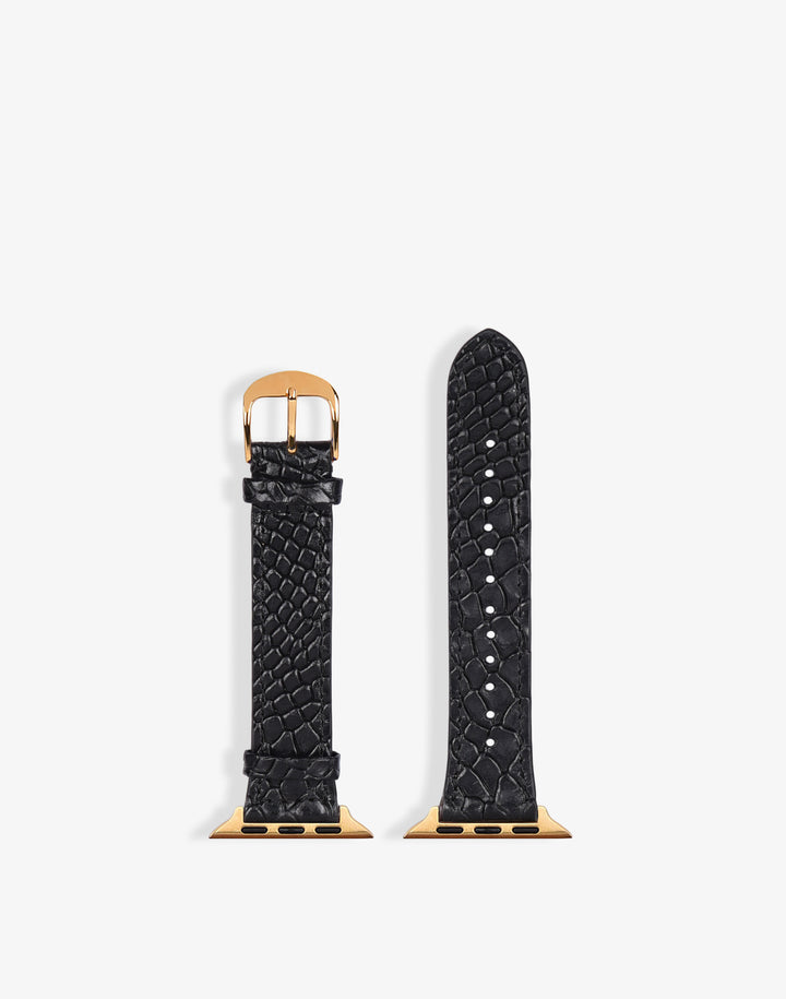 Leather Apple Watch Band With More Notches #color_black-lizard-gold