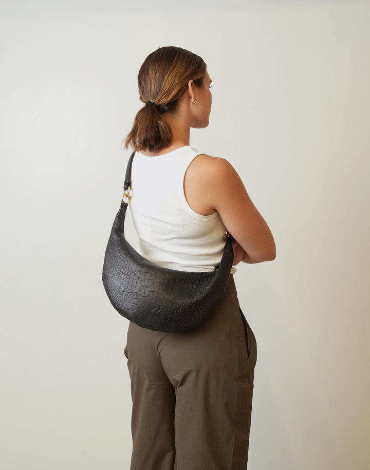 HYER GOODS convertible croc crossbody hobo  crescent bag Piccola ring bag #color_black-croco