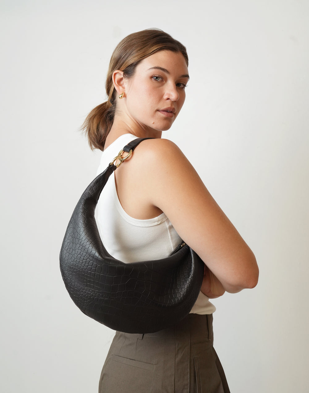 HYER GOODS convertible croc crossbody hobo  crescent bag Piccola ring bag #color_black-croco