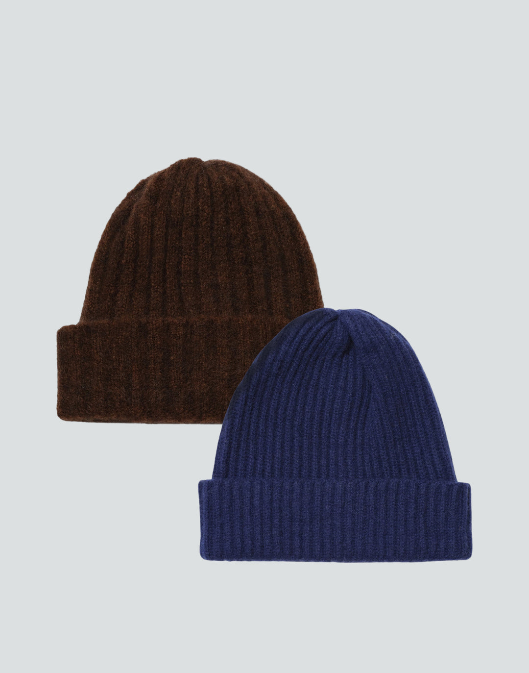 HYER GOODS upcycled beanies, one in brown alpaca wool and one in blue cashmere rib, presented against a white background.