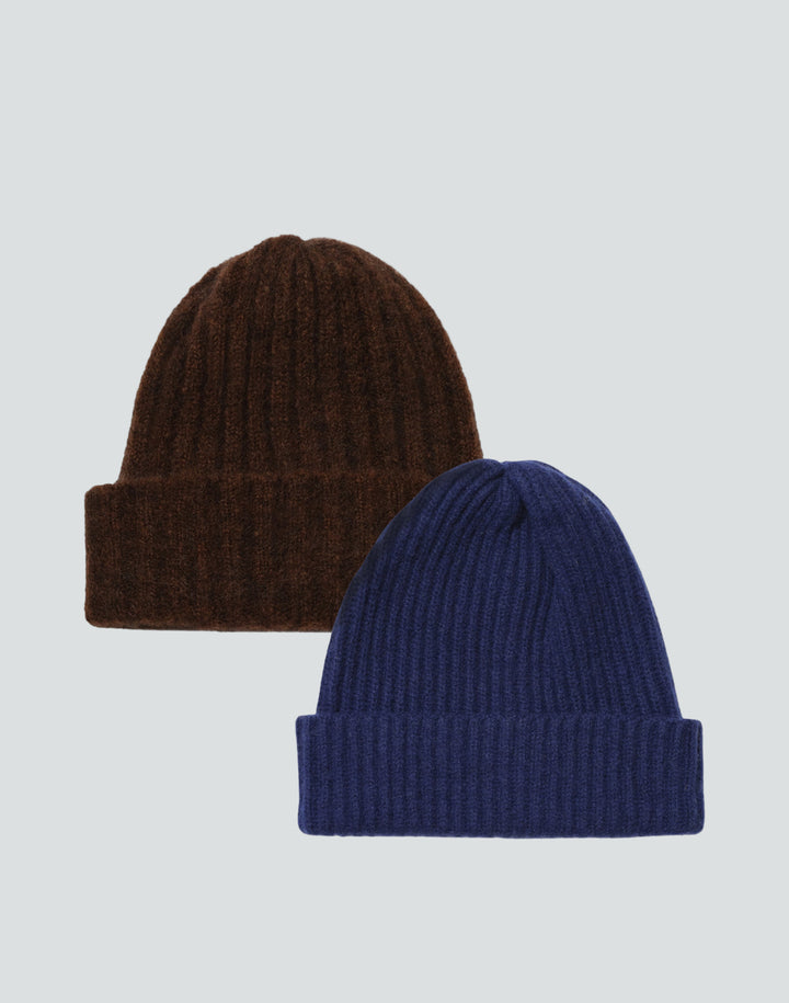 HYER GOODS upcycled beanies, one in brown alpaca wool and one in blue cashmere rib, presented against a white background.