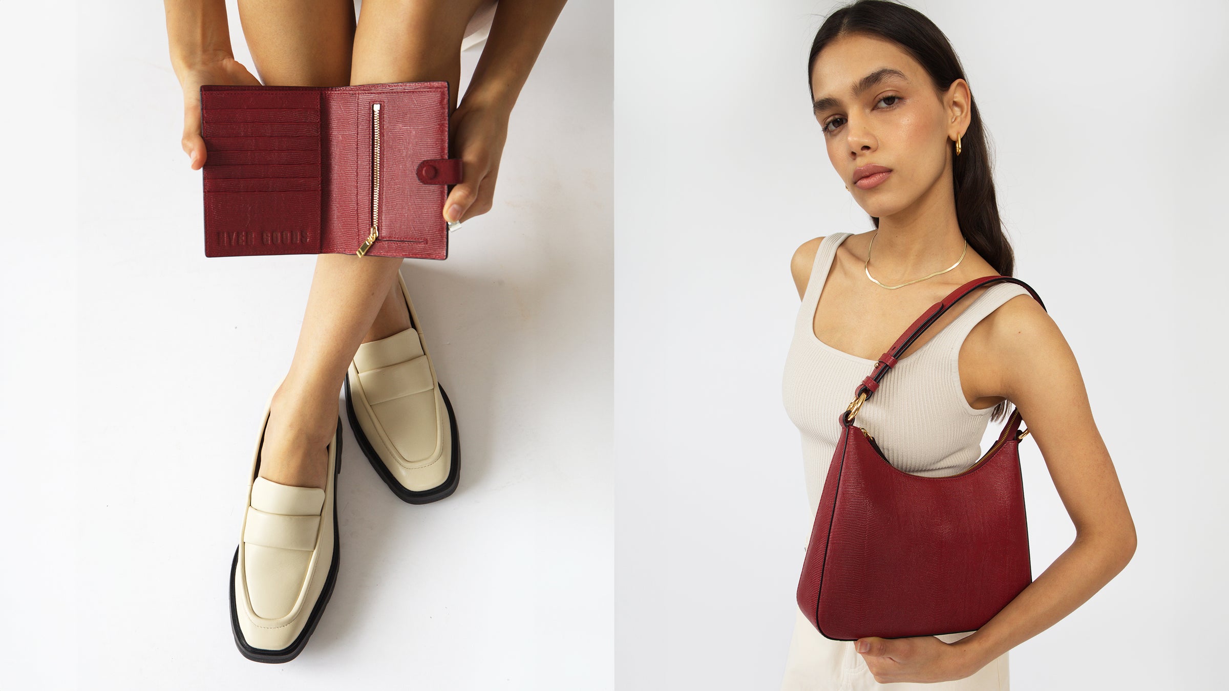 on the left, an overhead view of a woman's legs with her arms resting on top, holding a cherry red lizard travel wallet open; on the right a woman carries a medium shoulder bag in cherry red lizard on her arm