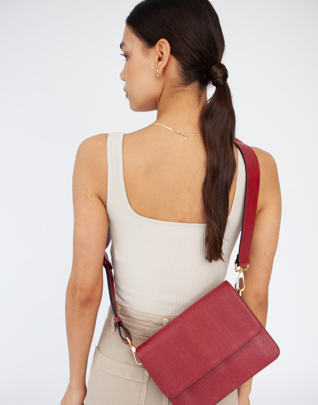 hyer goods recycled leather crossbody satchel bag cherry red lizard #color_cherry-red-lizard
