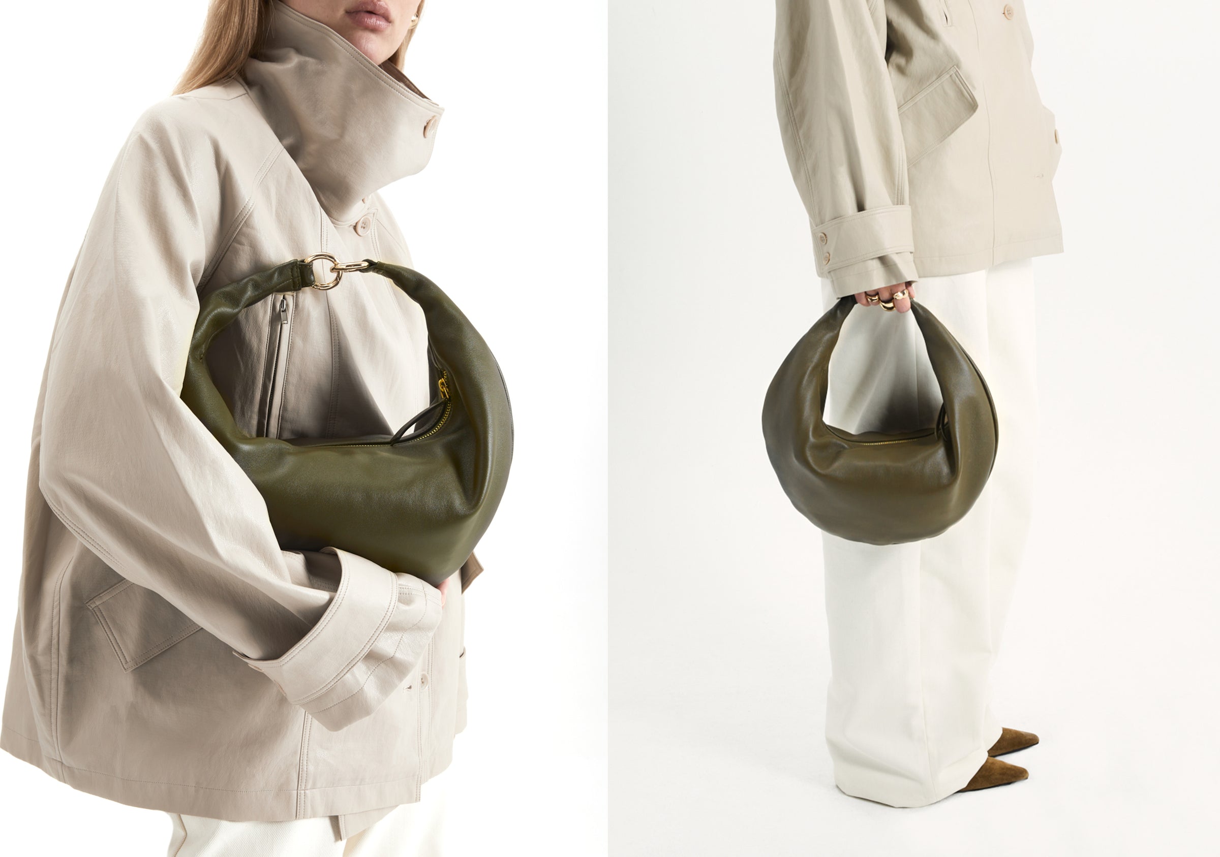 on the left, a cropped image of a woman wearing an oversized but cropped khaki trench, cradling an olive ring bag, on the right, a cropped image of a woman's profile from the chest down, wearing a cropped trench, wide white pants and holding an olive HYER GOODS ring bag.