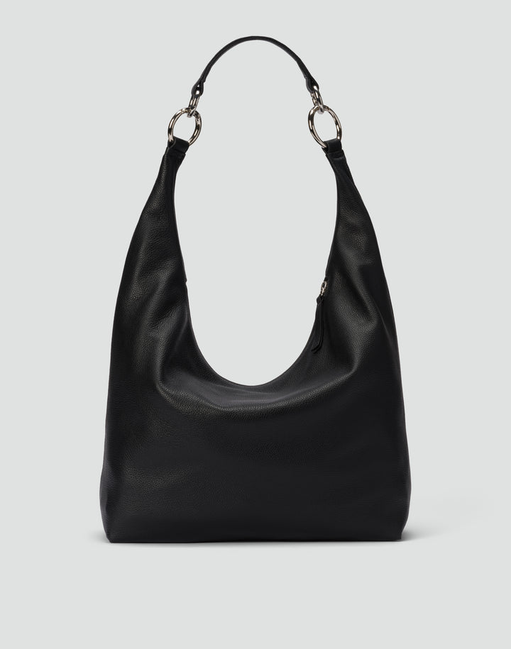 HYER GOODS tumbled leather oversized hobo ring bag black silver#color_black-silver