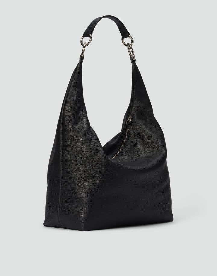 HYER GOODS tumbled leather oversized crossbody hobo ring bag black silver#color_black-silver
