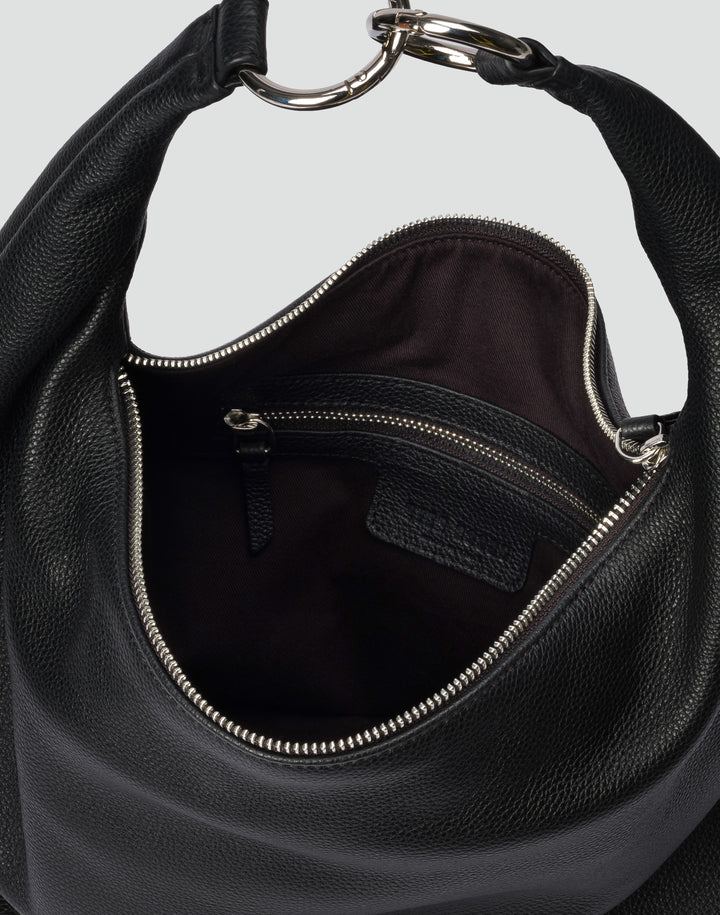 HYER GOODS tumbled leather oversized crossbody hobo ring bag black silver#color_black-silver