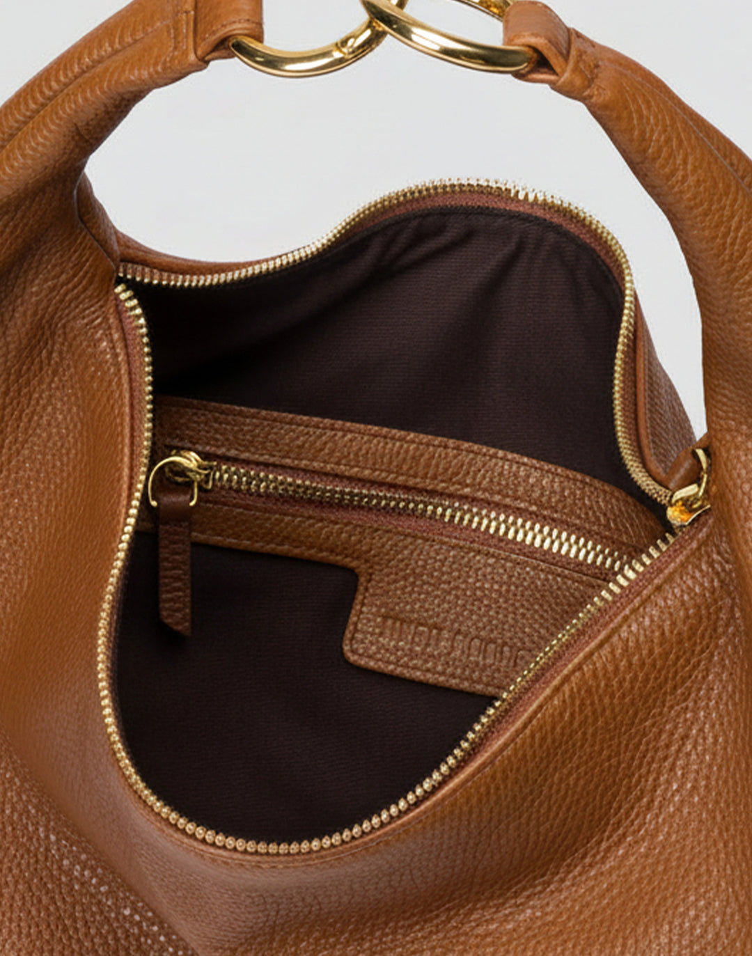 HYER GOODS tumbled leather oversized hobo ring bag brown#color_cognac