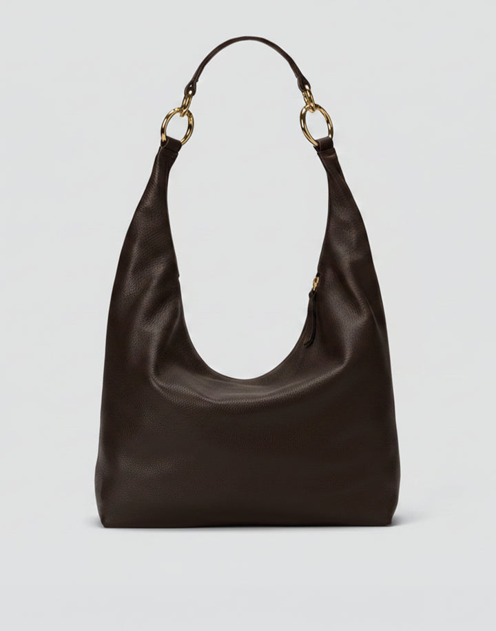 HYER GOODS tumbled leather oversized hobo ring bag black with gold hardware#color_dark-chocolate