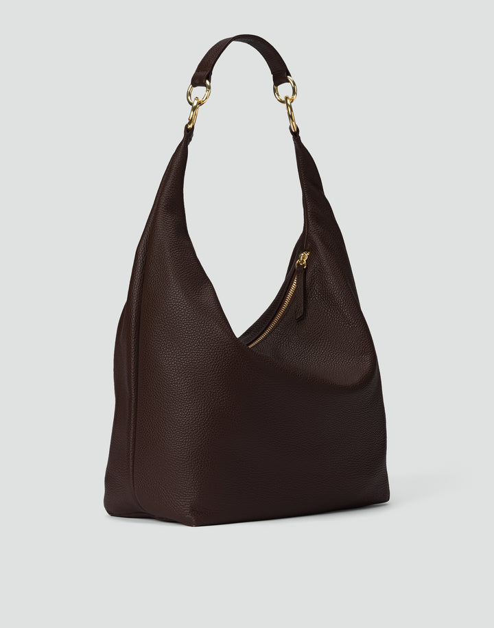 HYER GOODS tumbled leather oversized hobo ring bag black with gold hardware#color_dark-chocolate