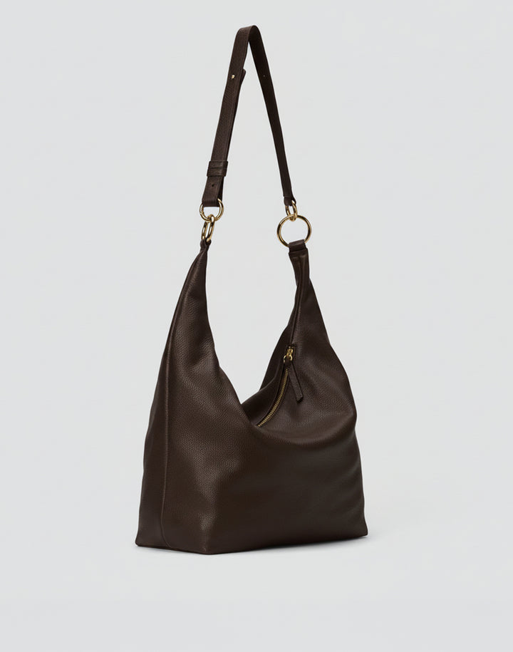 HYER GOODS tumbled leather oversized hobo ring bag black with gold hardware#color_dark-chocolate