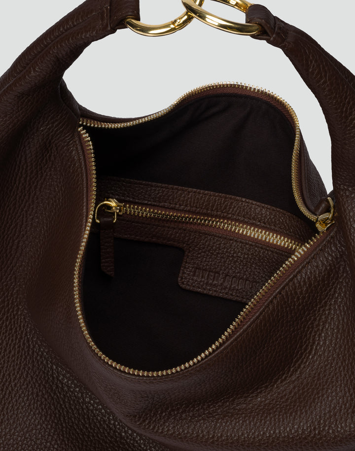 HYER GOODS tumbled leather oversized hobo ring bag black with gold hardware#color_dark-chocolate