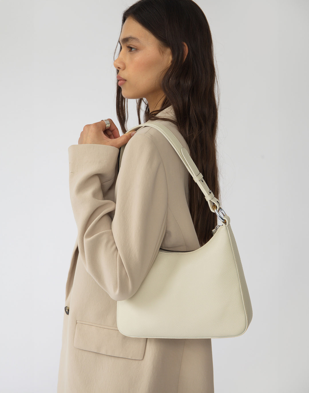 recycled genuine leather everyday shoulder bag white pebbled leather #color_white