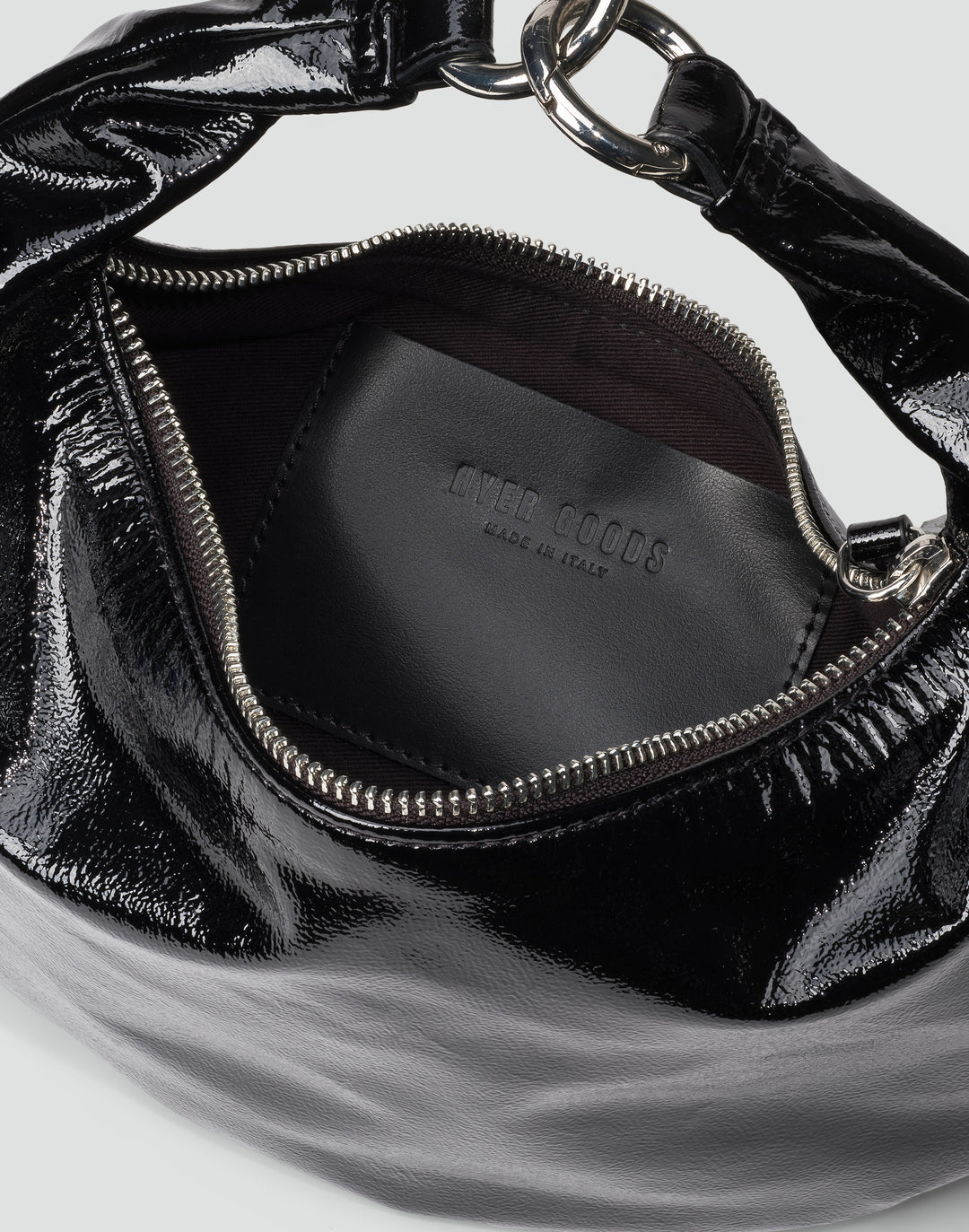 HYER GOODS Mini crescent micro ring bag black shiny patent naplak#color_black-naplak