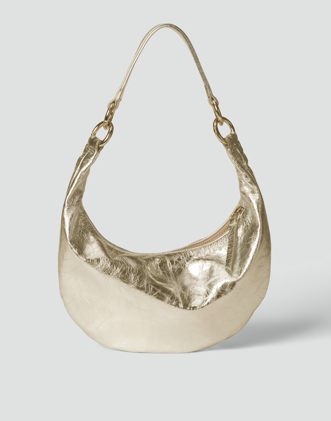 A metallic gold crescent-shaped shoulder bag with a crinkled texture and a single strap, shown on a light gray background. #color_gold