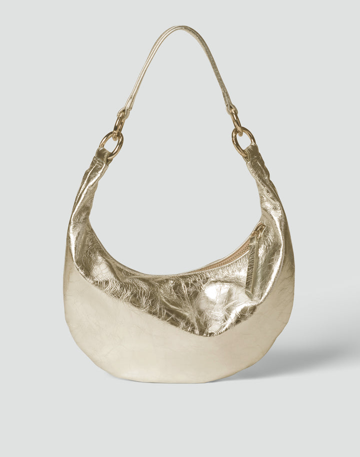 A metallic gold crescent-shaped shoulder bag with a crinkled texture and a single strap, shown on a light gray background. #color_gold