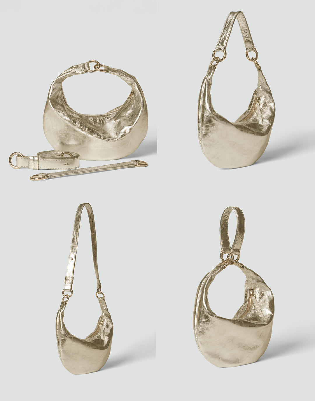 A gold-toned crescent-shaped shoulder bag shown from multiple angles on a light gray background, including a strap and a small accessory piece. #color_gold