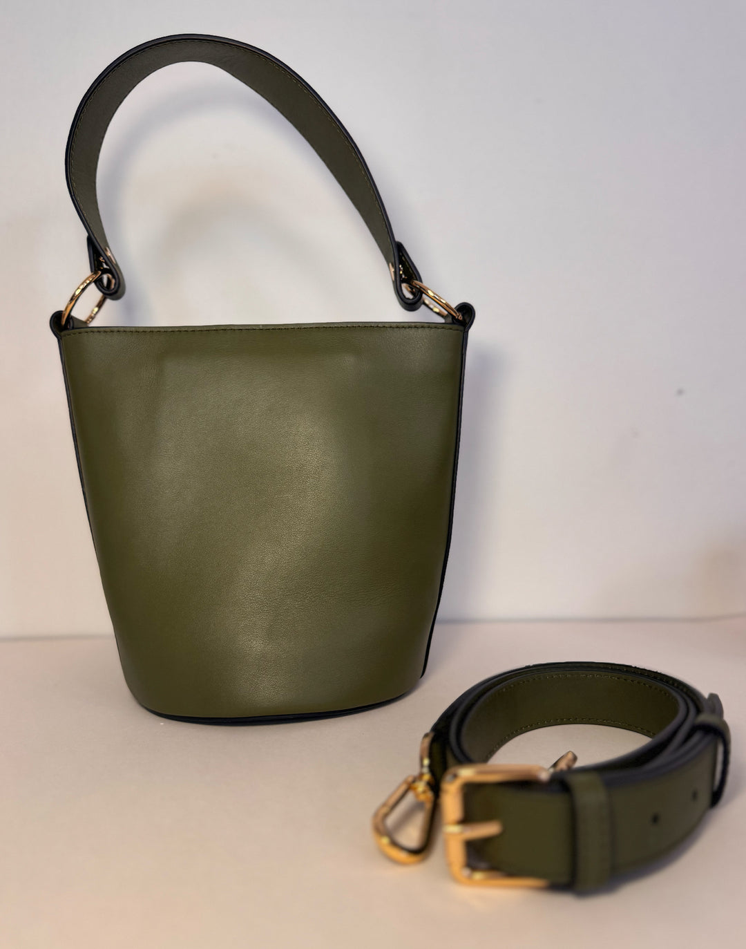 hyer goods recycled leather mini bucket bag olive green#color_olive