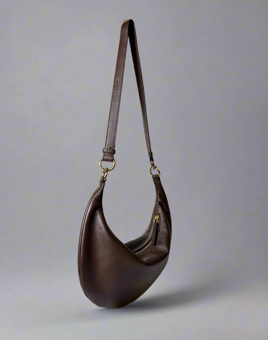 HYER GOODS convertible crossbody hobo  crescent bag Piccola ring bag #color_chocolate