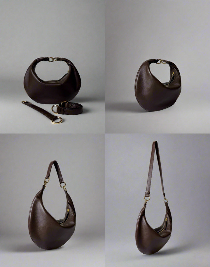 HYER GOODS convertible crossbody hobo  crescent bag Piccola ring bag #color_chocolate