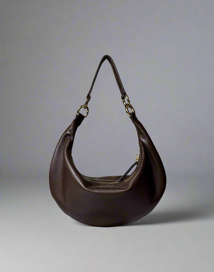 HYER GOODS convertible crossbody hobo  crescent bag Piccola ring bag #color_chocolate