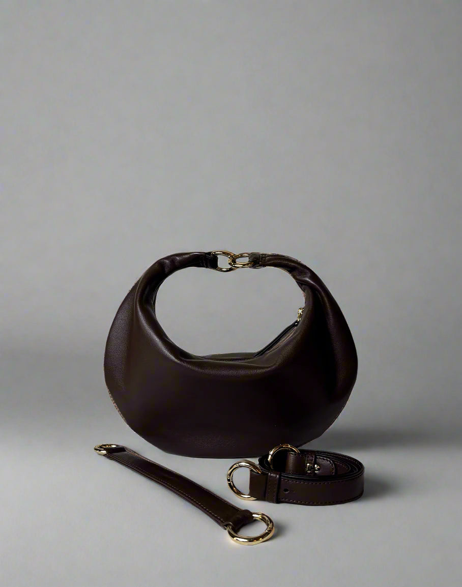 HYER GOODS convertible crossbody hobo  crescent bag Piccola ring bag #color_chocolate