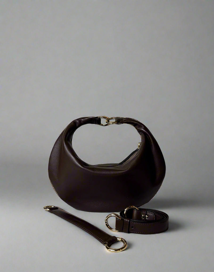 HYER GOODS convertible crossbody hobo  crescent bag Piccola ring bag #color_chocolate